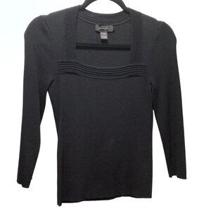 Pointelle Solid Black Square Neckline Ribbed Long-Sleeve Knit Top M